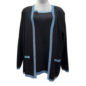 Misook 3PC Black Knit Cardigan Tank Top Set XL Skirt Aqua Trim L XL Vintage